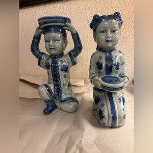 Antique Blue/White Porcelain Chinese Boy & girl Candleholders Blue Lotus Design